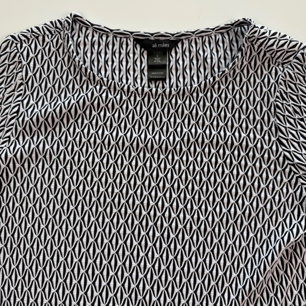 Ali Miles Womens Large Black White Geometric Textured 3/4 Sleeve Button Top